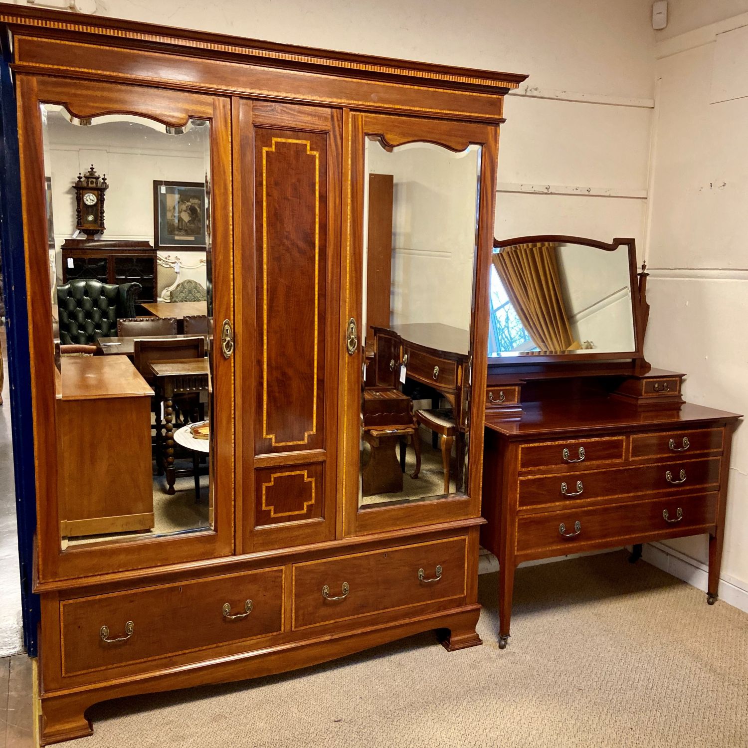 Lovely Edwardian inlaid mahogany wardrobe and dressing table Antique