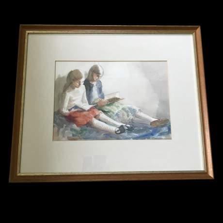 Watercolour & Pen Two Little Girls by Felicity Jones 1980 image-1