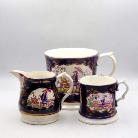 Gaudy Welsh Antique 19th Century Chinoiserie Jug & Mugs image-1