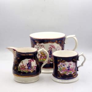 Gaudy Welsh Antique 19th Century Chinoiserie Jug & Mugs