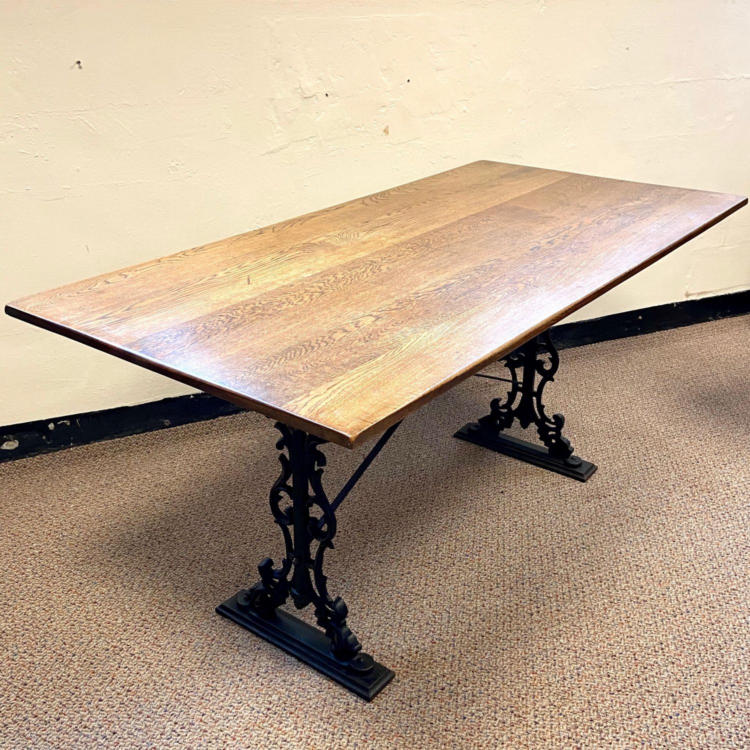 Rectangular Oak Top Dining Table With Cast Iron Base Antique