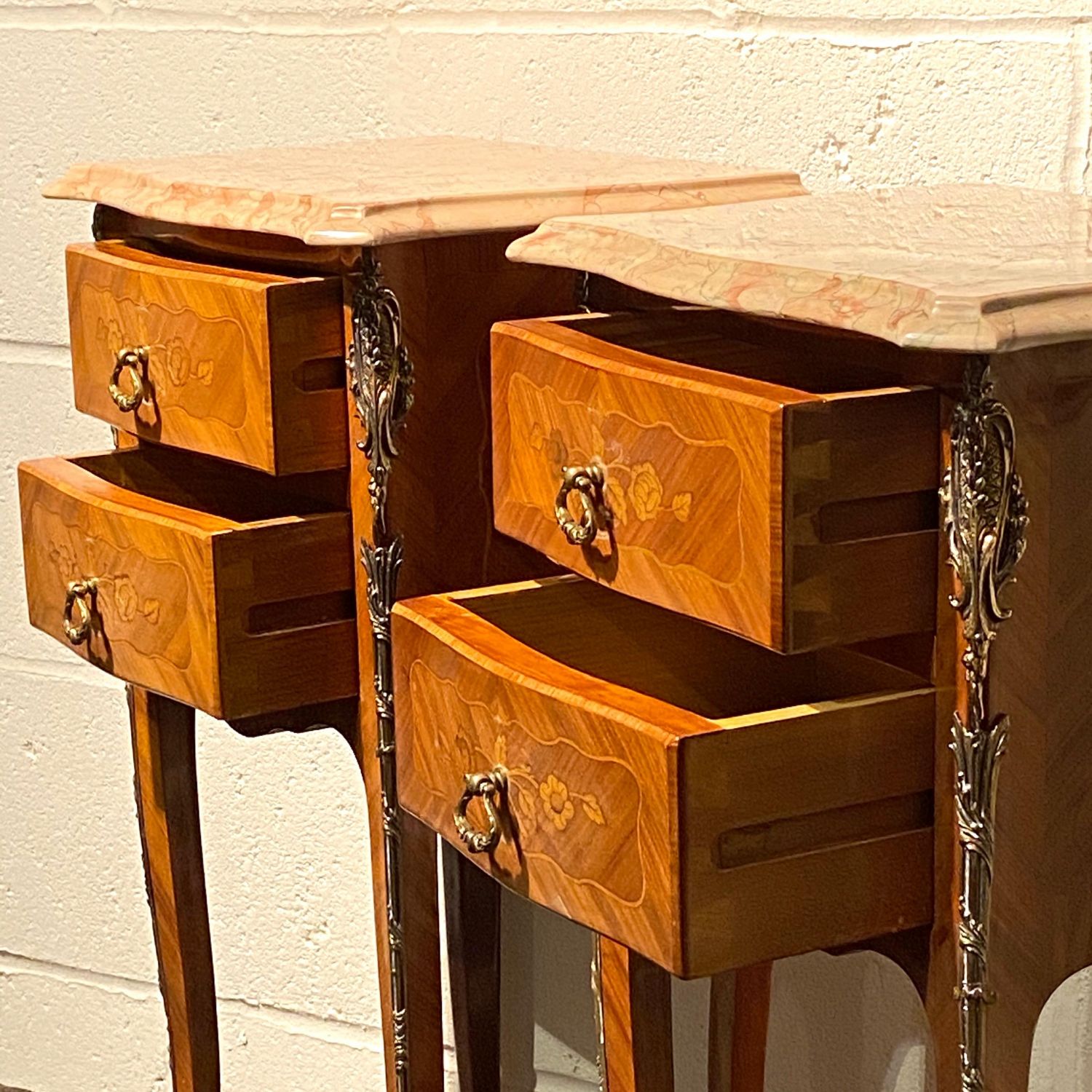 Pair of French Marble Top Two Drawer Bedside Tables Antique Tables