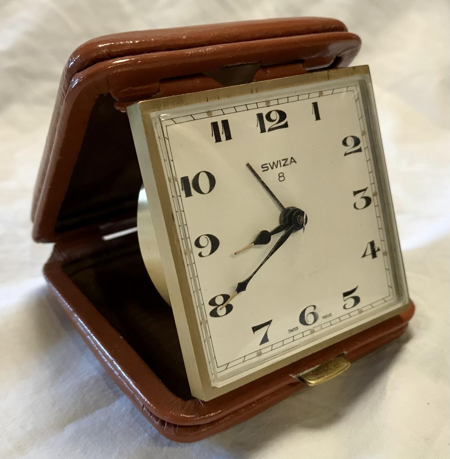 Swiza 8 Day Bedside/Desktop Alarm Clock in Leather Case c1950 - Mantel ...