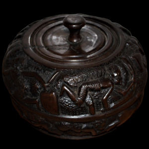 African Hardwood Relief Carved Circular Bowl and Cover