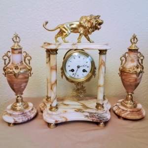 French White Marble and Bronze Three Piece Clock Garniture