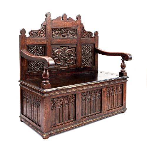 Antique Early 20th Century Dark Oak Carved Settle image-2