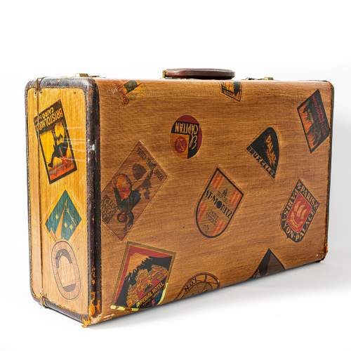 A Vintage Wood and Canvas Suitcase with Applied Travel Stickers image-1