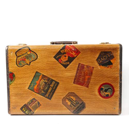 A Vintage Wood and Canvas Suitcase with Applied Travel Stickers image-2