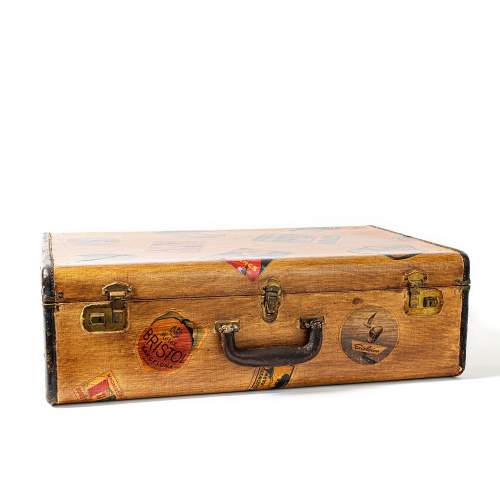 A Vintage Wood and Canvas Suitcase with Applied Travel Stickers image-3