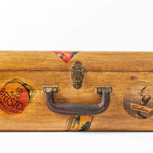 A Vintage Wood and Canvas Suitcase with Applied Travel Stickers image-5