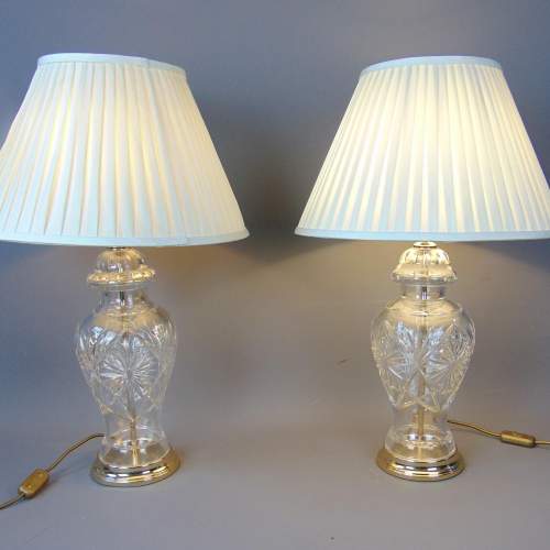 Superb Quality Pair of Cut Glass Lamps with Pleated Shades image-1