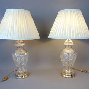 Superb Quality Pair of Cut Glass Lamps with Pleated Shades