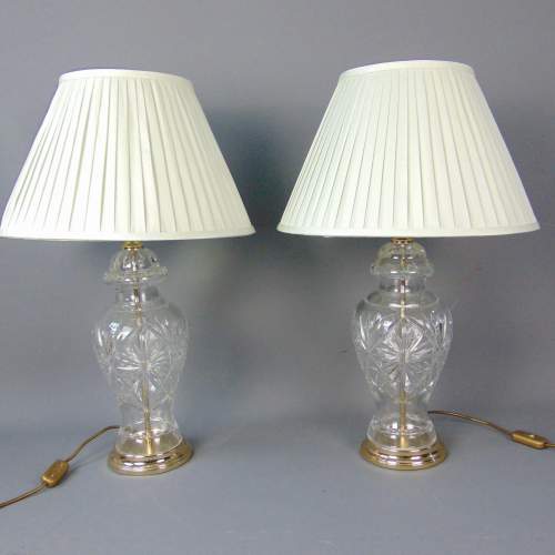 Superb Quality Pair of Cut Glass Lamps with Pleated Shades image-2