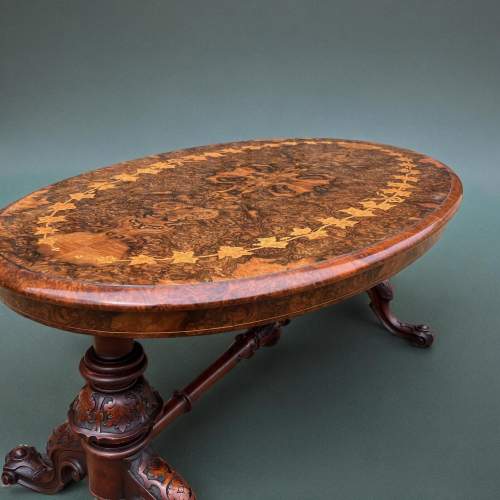 19th Century Victorian Period Burr Walnut Oval Coffee Table. image-4