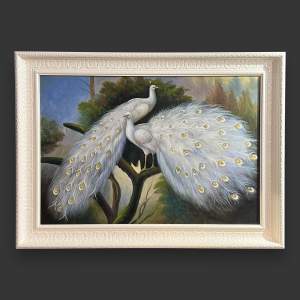 Mid Century Oil on Board Painting of White Peacocks