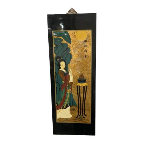 Oriental Lacquered Hand Painting - Wall Art of Geisha with Incense image-1