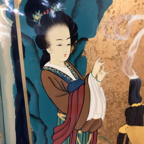 Oriental Lacquered Hand Painting - Wall Art of Geisha with Incense image-2