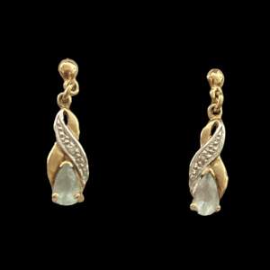 Vintage 9ct Gold Diamond and Aquamarine Drop Earrings