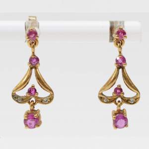 Vintage 9ct Gold Ruby and Diamond  Drop Earrings