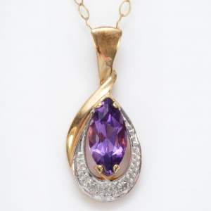 Vintage 9ct Gold Amethyst and Diamond Drop Pendant and Chain