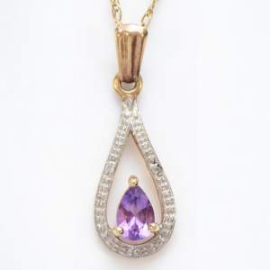 Vintage 9ct Gold Amethyst and Diamond  Pendant and Chain