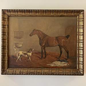 A Bay Thoroughbred In his Stable With A Friend Oil On Canvas