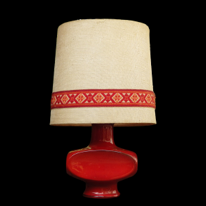 West German 1970s Retro Red Lava Pottery Table Lamp & Shade