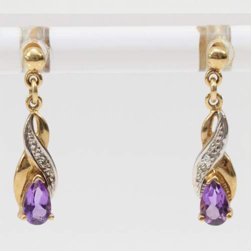 Vintage 9ct Gold Amethyst and Diamond Drop Earrings image-1