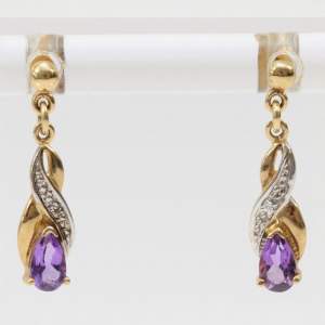 Vintage 9ct Gold Amethyst and Diamond Drop Earrings