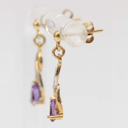 Vintage 9ct Gold Amethyst and Diamond Drop Earrings image-2