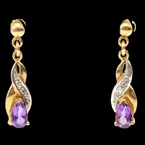 Vintage 9ct Gold Amethyst and Diamond Drop Earrings image-3