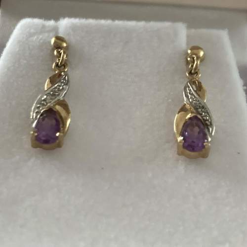 Vintage 9ct Gold Amethyst and Diamond Drop Earrings image-4