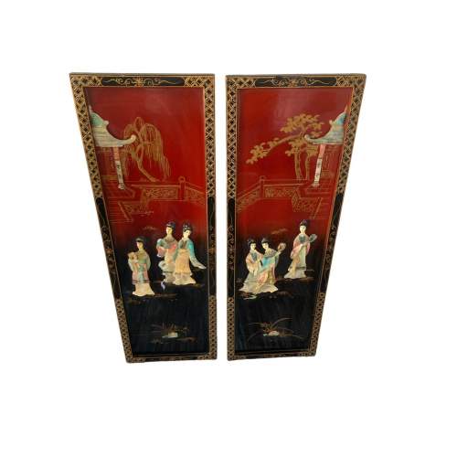 Pair Chinese Red and Black Lacquer Mother of Pearl Wall Plaques image-1