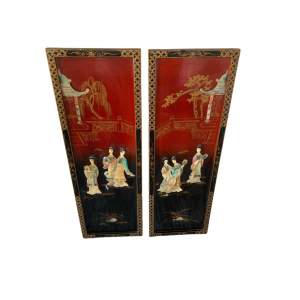 Pair Chinese Red and Black Lacquer Mother of Pearl Wall Plaques
