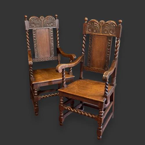 Pair of Late Victorian Oak Panel Back Armchairs image-1