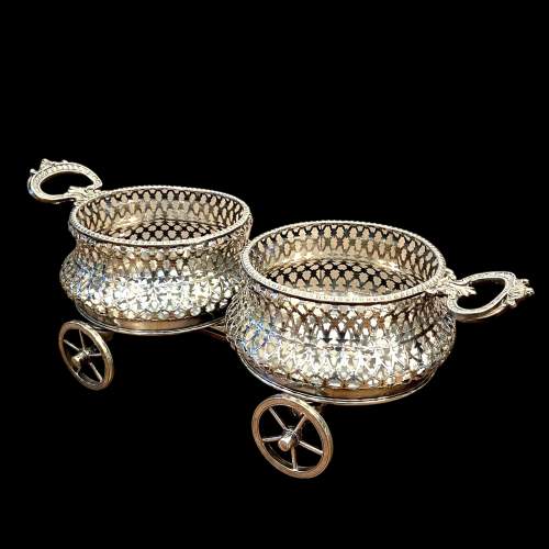 Victorian Silver Plated Double Wine Bottle Coaster on Wheels image-1