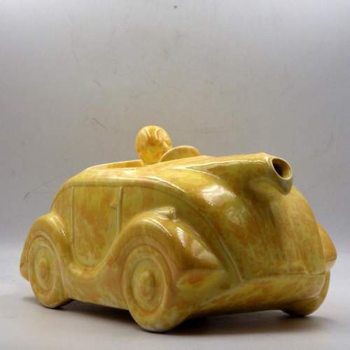Sadler 1950s Art Deco Mottled Yellow Pottery Racing Car Teapot image-1