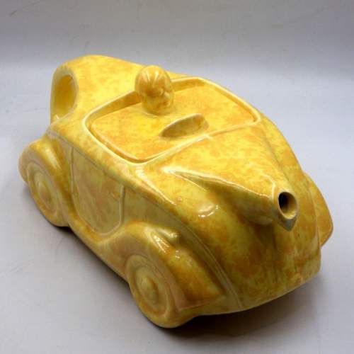 Sadler 1950s Art Deco Mottled Yellow Pottery Racing Car Teapot image-2