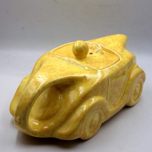 Sadler 1950s Art Deco Mottled Yellow Pottery Racing Car Teapot image-3