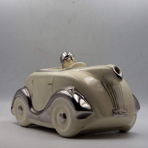 Sadler 1930s Art Deco Cream & Chrome Pottery Racing Car Teapot image-1