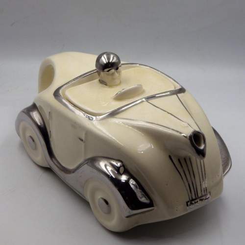 Sadler 1930s Art Deco Cream & Chrome Pottery Racing Car Teapot image-2
