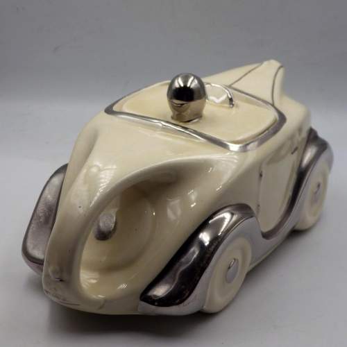 Sadler 1930s Art Deco Cream & Chrome Pottery Racing Car Teapot image-3