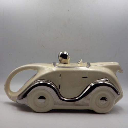 Sadler 1930s Art Deco Cream & Chrome Pottery Racing Car Teapot image-4