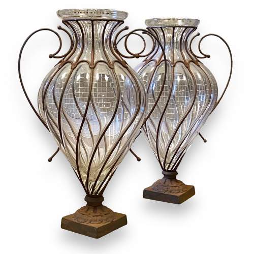 Large Pair of Blown Glass Caged Vases image-1