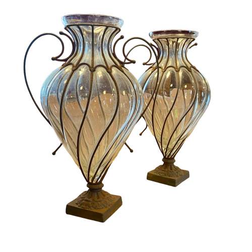 Large Pair of Blown Glass Caged Vases image-4