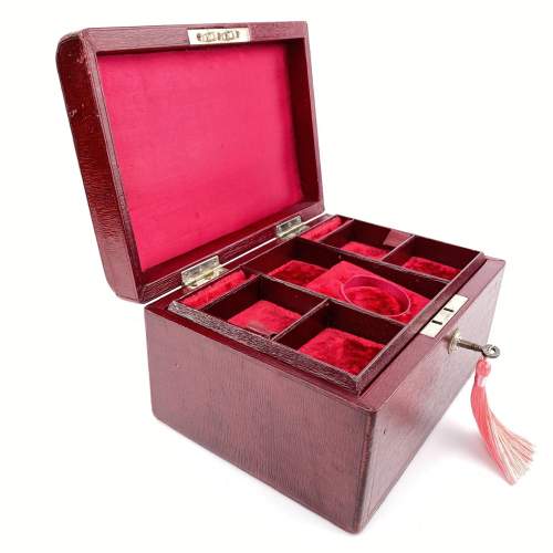 Cranberry Leather Victorian Jewellery Box Bramah Lock and Key image-2