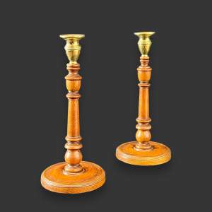 Pair of 19th Century Brass and Oak Candlesticks