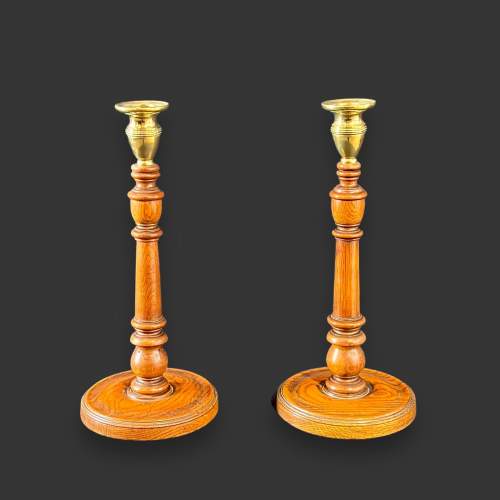 Pair of 19th Century Brass and Oak Candlesticks image-2