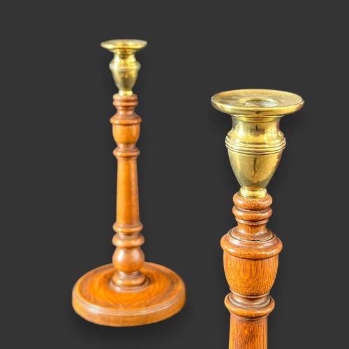 Pair of 19th Century Brass and Oak Candlesticks image-3