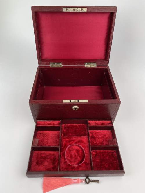 Cranberry Leather Victorian Jewellery Box Bramah Lock and Key image-3